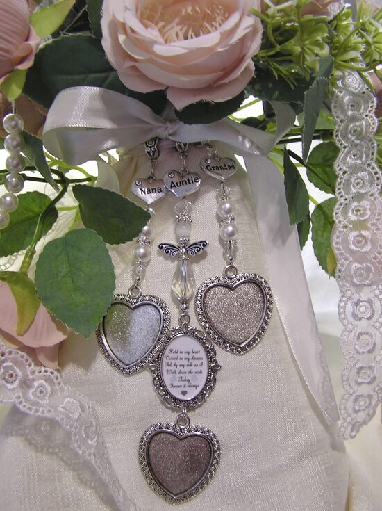 Cherished Family Angel bouquet charm with rhinestone names and wedding day poem